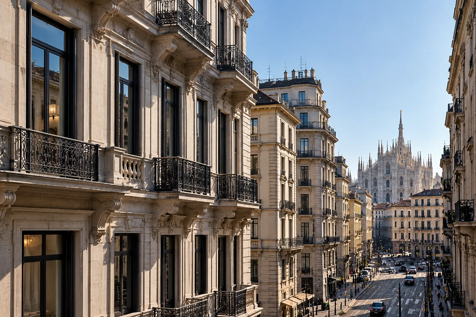 Vista lungo una via di Milano tra facciate in pietra chiara con balconi in ferro battuto, con il Duomo in fondo sotto un cielo sereno