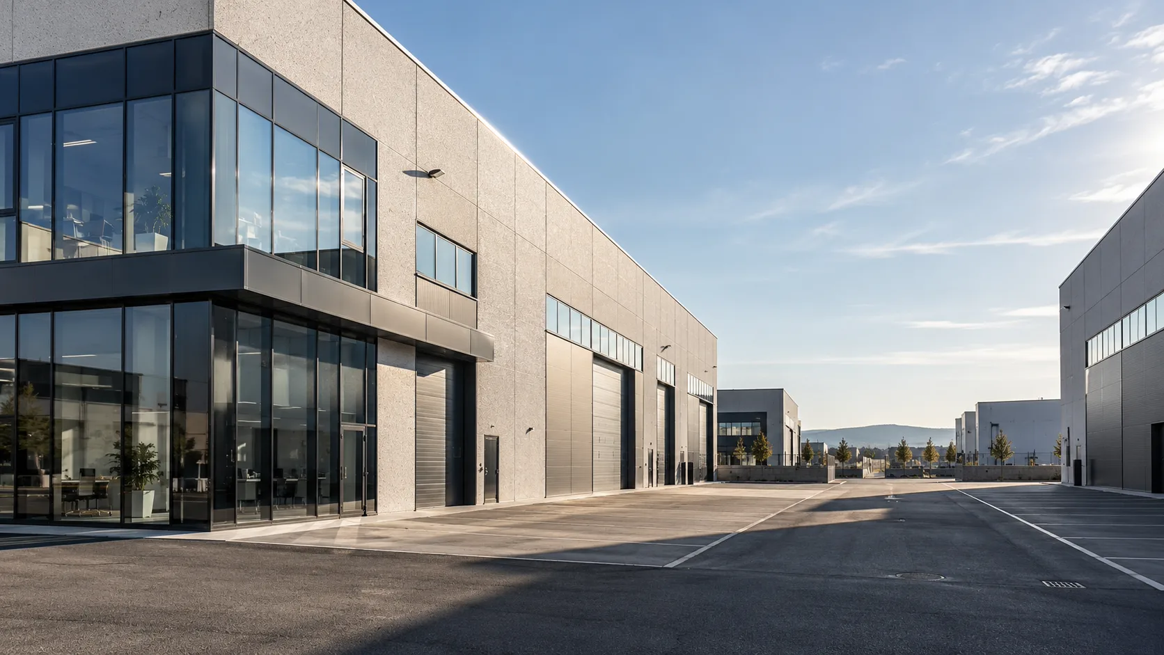 Complesso industriale e logistico moderno con corpo direzionale in vetro, capannone in pannelli di calcestruzzo con portoni di carico e cortile asfaltato, illuminato dal sole radente