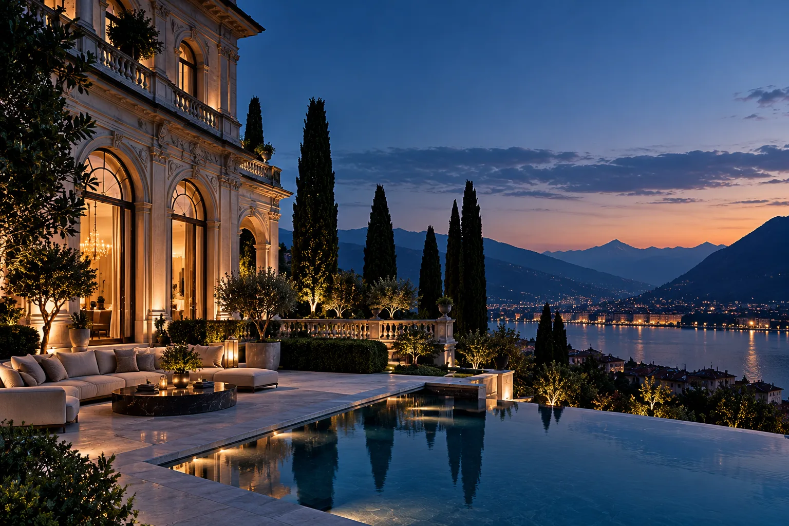 Villa storica illuminata al tramonto, con terrazza in pietra, piscina a sfioro, cipressi e vista su un lago tra le montagne