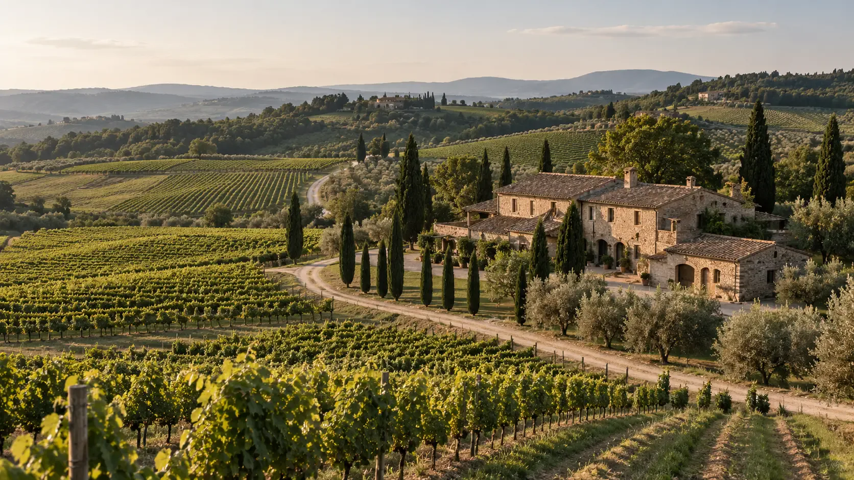 Tenuta toscana in pietra tra vigneti ordinati, filari di olivi e cipressi, con strada sterrata d'accesso e colline che si perdono nella foschia sotto una luce calda