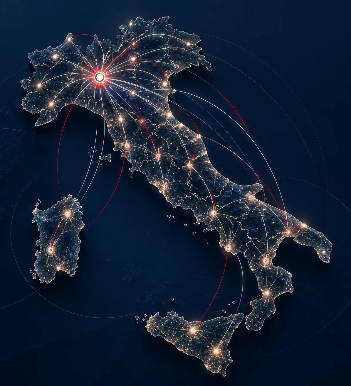 Mappa notturna dell'Italia con rete di connessioni luminose tra le città, che si irradiano dal nodo principale di Milano