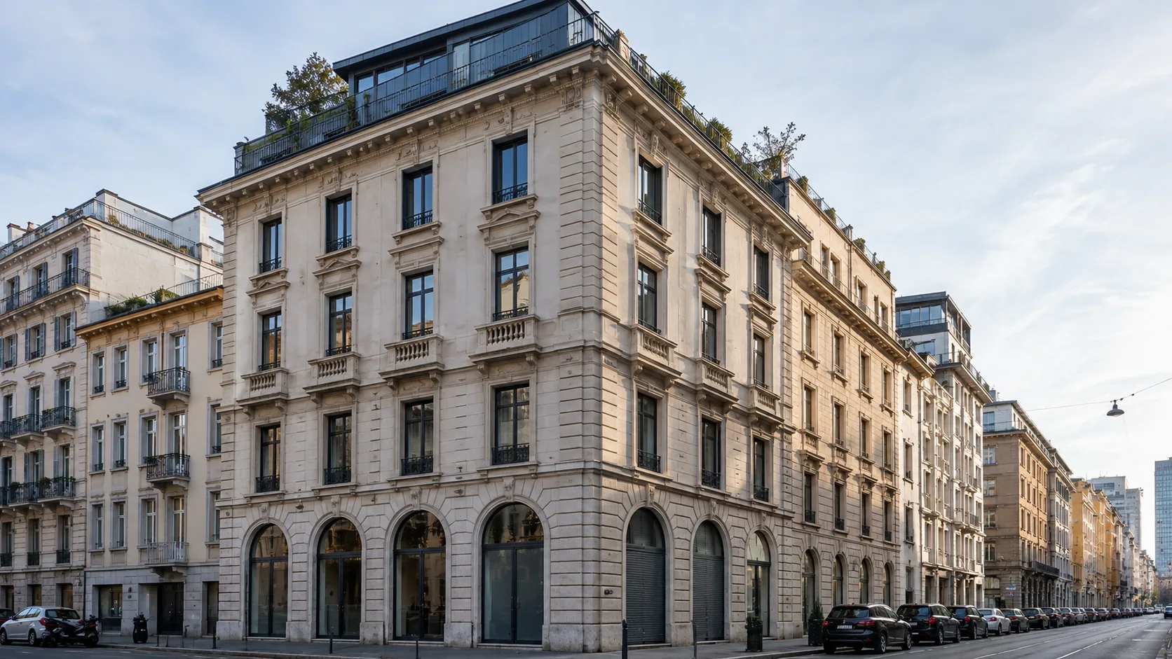 Edificio angolare d'epoca con piano terra in pietra a bugnato e finestre ad arco, piani superiori in pietra chiara con timpani e balaustre, e attico vetrato con terrazze verdeggianti sulla copertura