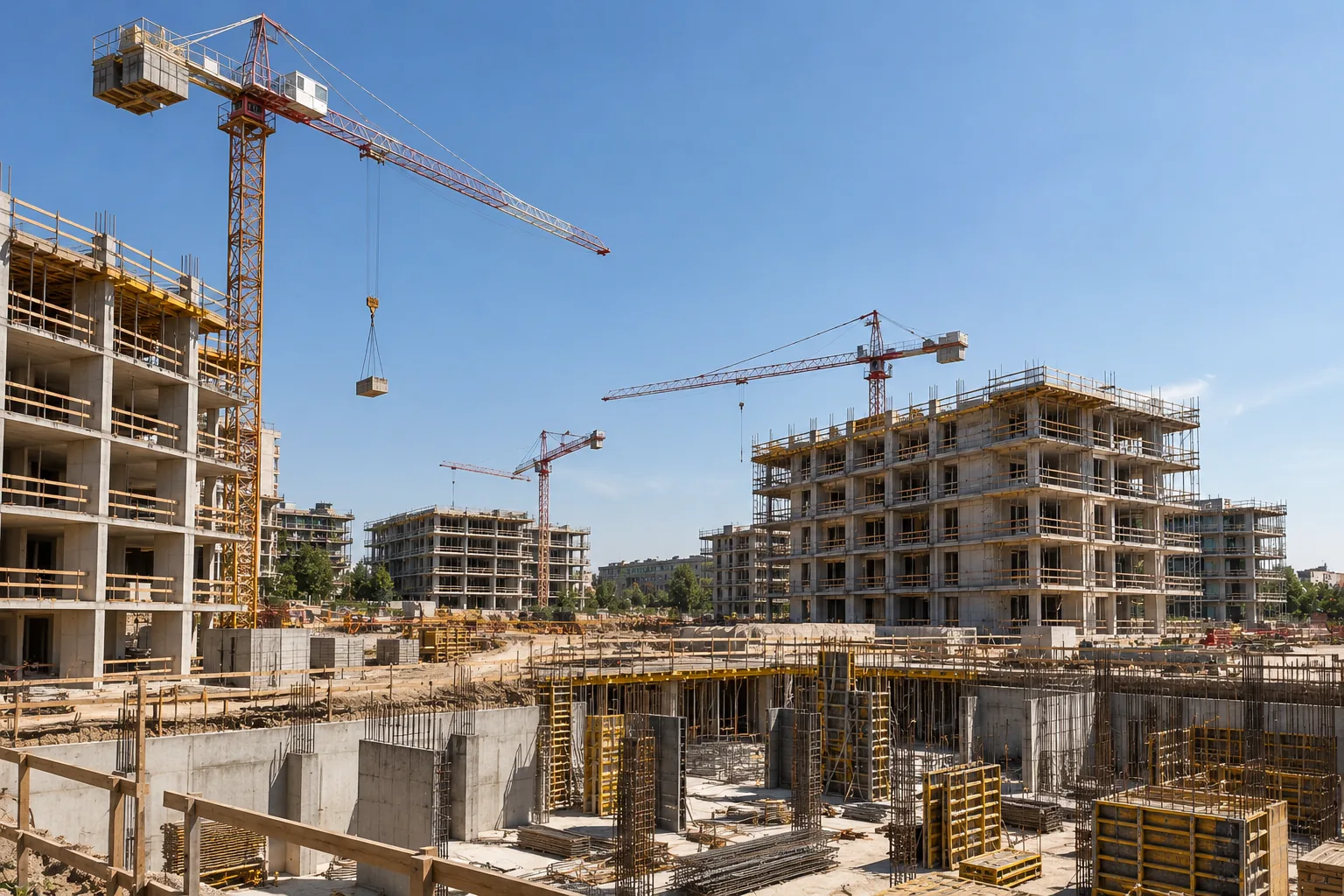 Cantiere in corso con strutture in calcestruzzo in elevazione, gru a torre, casseri e fondazioni scavate nel terreno, sotto un cielo sereno