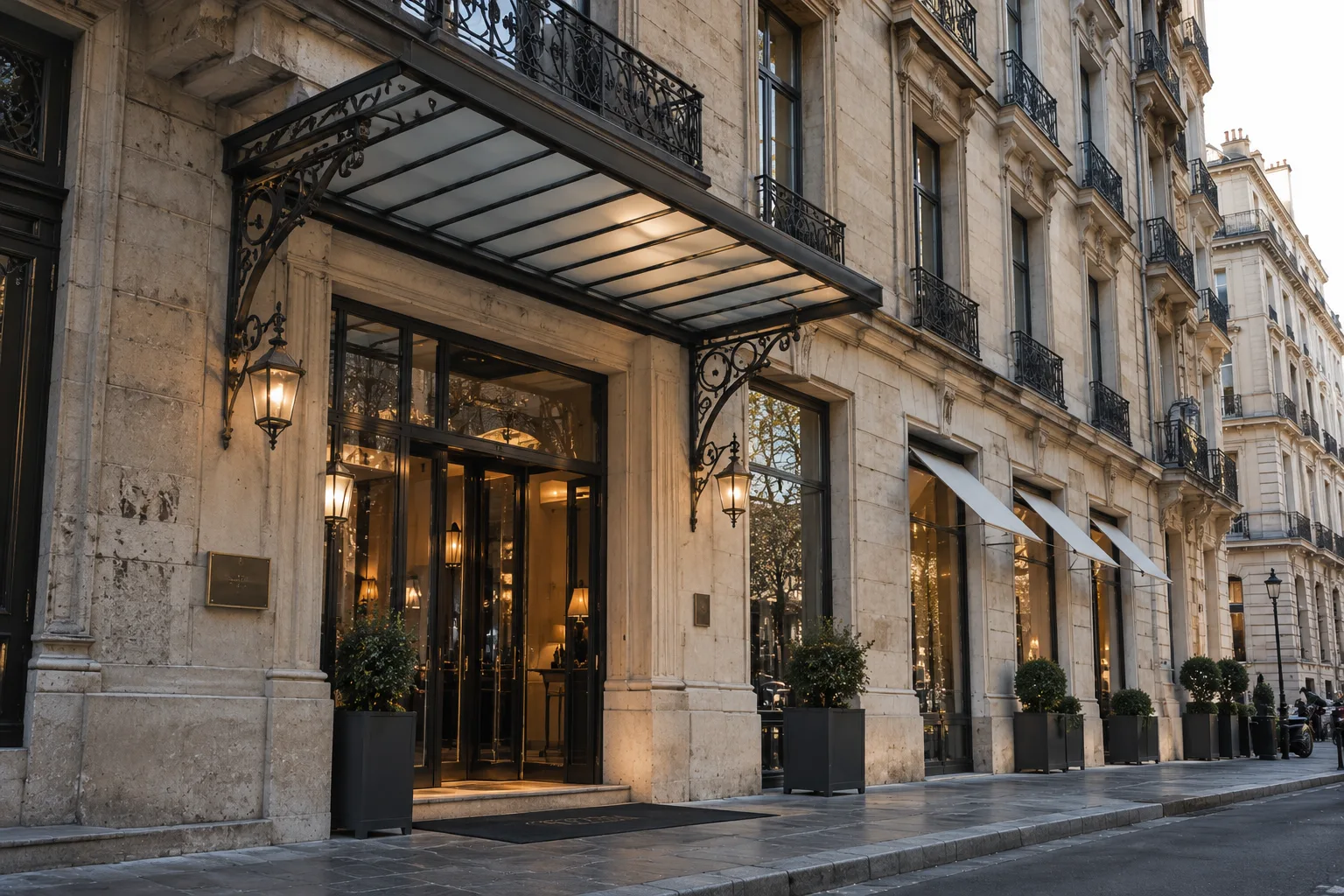 Ingresso di un hotel elegante in una città europea, con pensilina in ferro battuto e vetro illuminata, porte in vetro, lanterne accese e facciata in pietra chiara con balconi